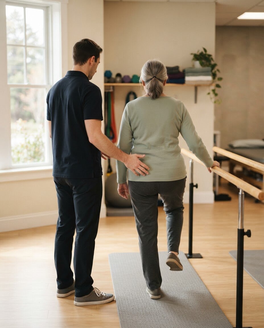 Balance training with a therapist spotting